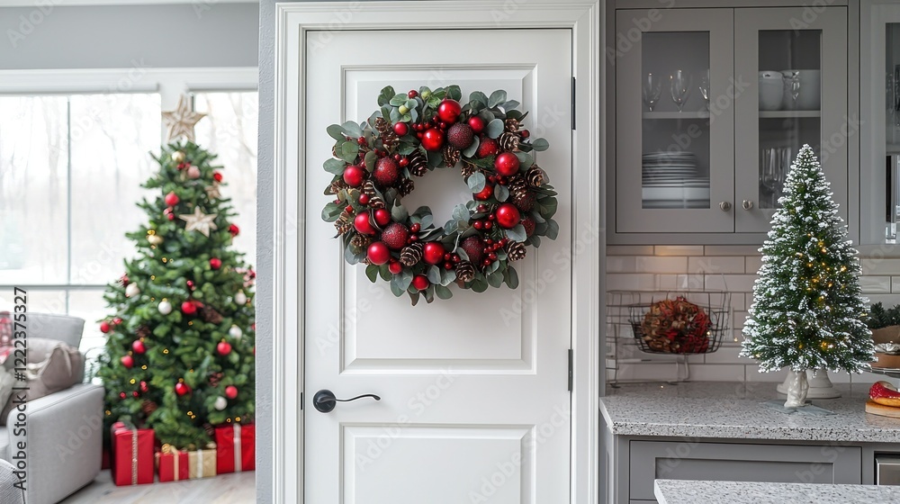Fototapeta premium Festive Christmas Kitchen Decor: A Red and Green Wreath on a White Door