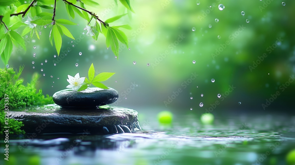 Tranquil zen garden with floating blossoms Tranquil zen garden with floating blossoms