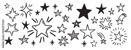 hand drawn stars set. Doodle star outline illustrations.
