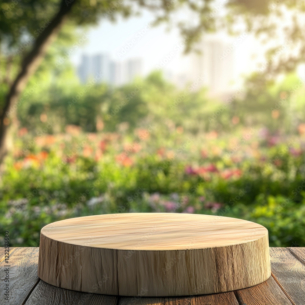 Empty wood table top with blurred garden background. For product display. Empty wood table top with blurred garden background. For product display.