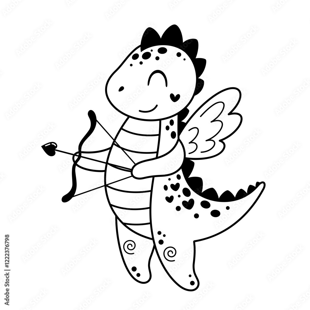 Fototapeta premium Black and white Valentine dinosaur clipart. Valentines day clipart. Valentine dino doodle in cartoon flat style. Hand Draw Vector illustration.