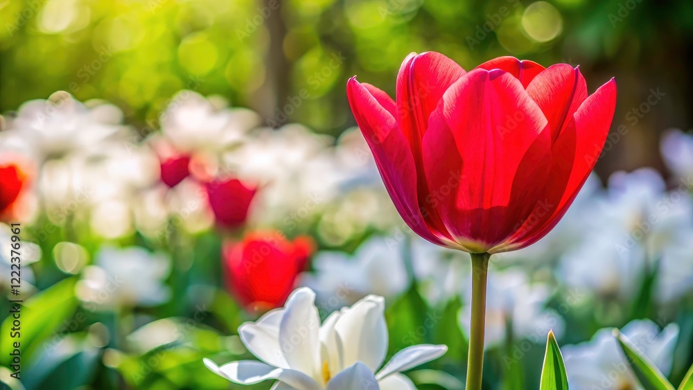 A red tulip, orchid, and geranium burst with spring color against a soft, blurred background. A red tulip, orchid, and geranium burst with spring color against a soft, blurred background.
