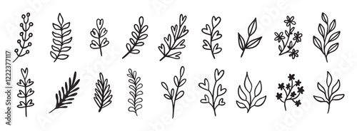 Cute leaf modern doodle hand drawn icon set. Outline drawing cute leaf modern line clipart symbol collection