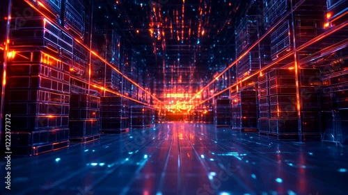 Digital automatic system with AI capabilities for handling, sorting and preparing cargo for shipment. 4K video visualization of software for a logistics warehouse