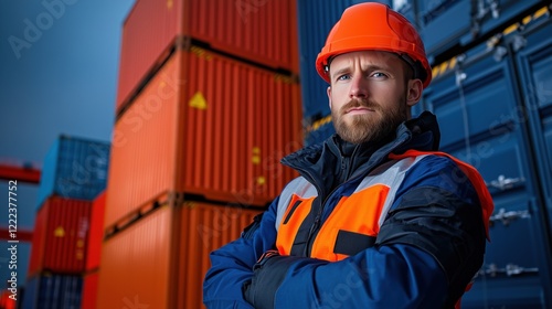 worker stands proudly with arms crossed near towering shipping containers at a cargo terminal. vibrant colors of the containers contrast with the evening sky