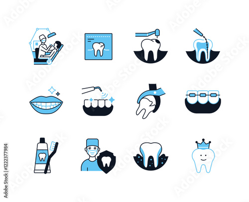 Oral care and treatment - line design style icons set