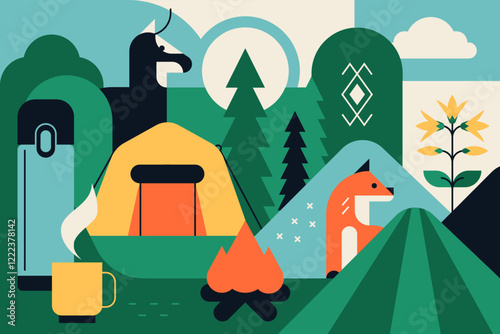 Nature campsite - colorful flat design style illustration
