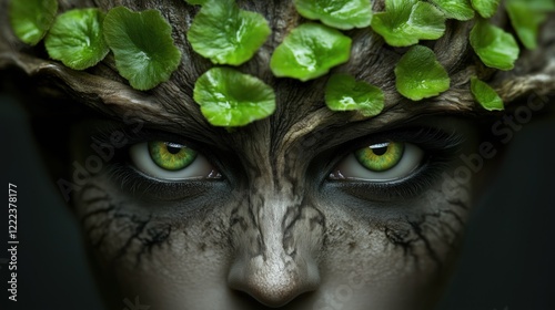 captivating forest spirit displays striking green eyes and tree-like features. Her head is adorned with vibrant green leaves, symbolizing a deep connection to nature and the earths elements
