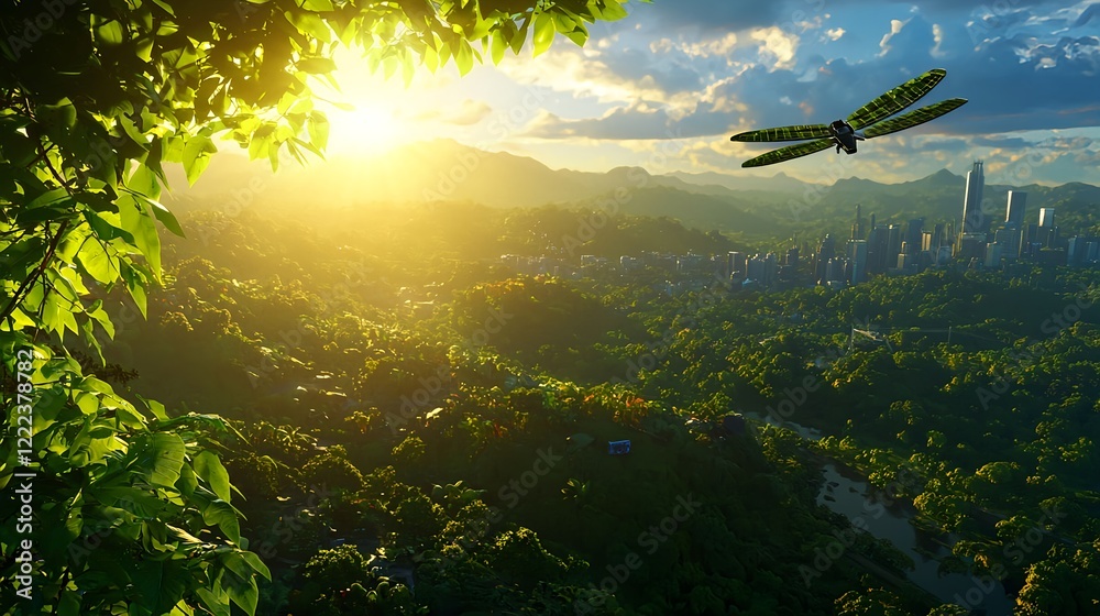 Naklejka premium Serene Landscape with Dragonfly Over Lush Green Mountains at Sunrise