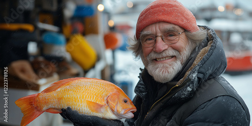 Smiling elderly fisherman holding a freshly caught orange fish, showcasing a joyful celebration of maritime life, copy space
 photo