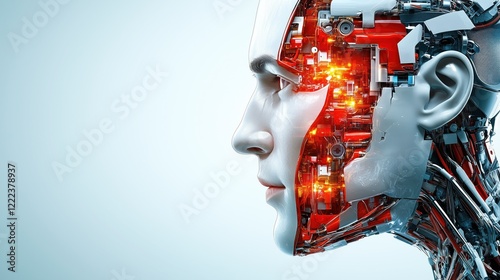 robot head is displayed, revealing detailed mechanical parts and bright lights inside. design highlights the blend of technology and artistry, representing advanced robotics