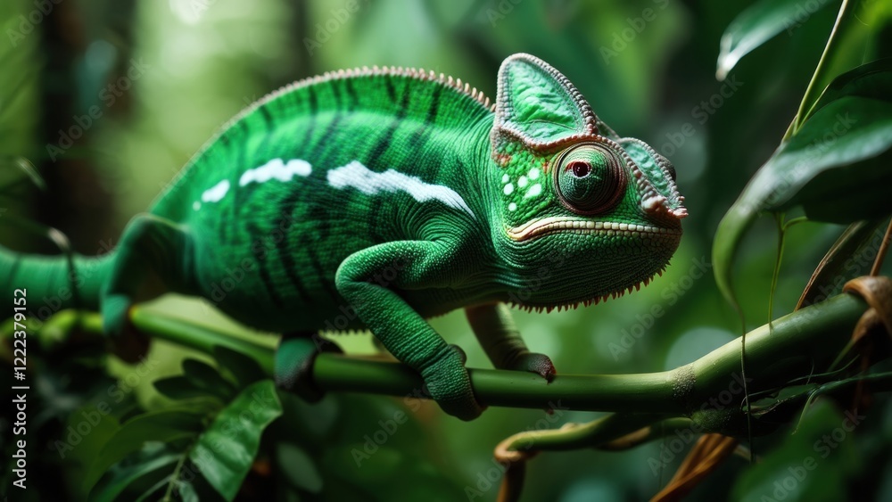 Fototapeta premium Chameleon resting on a branch surrounded by lush green foliage in a tropical forest