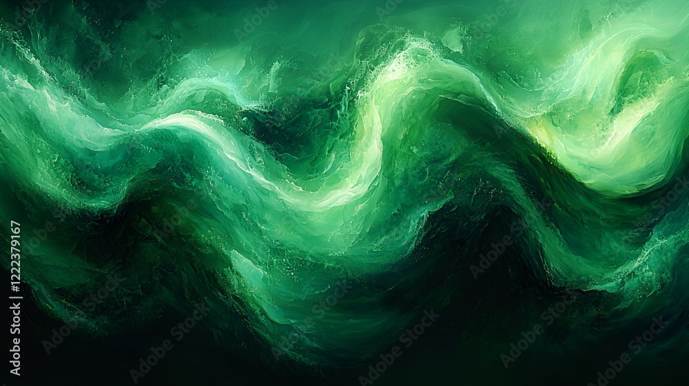 Fototapeta premium Abstract green waves, swirling motion, fluid background, design element