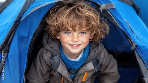 young boy with curly hair smiles brightly while peeking out from a blue camping tent. He wears a jacket and enjoys a fun day outdoors surrounded by nature