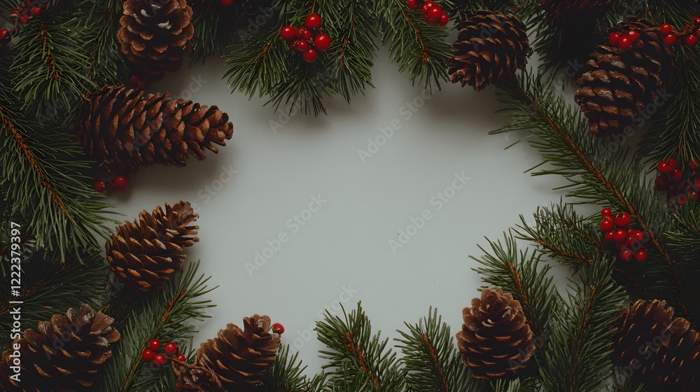 Naklejka premium Christmas Festive Frame Pine Cones Berries Branches Winter Holiday Decoration