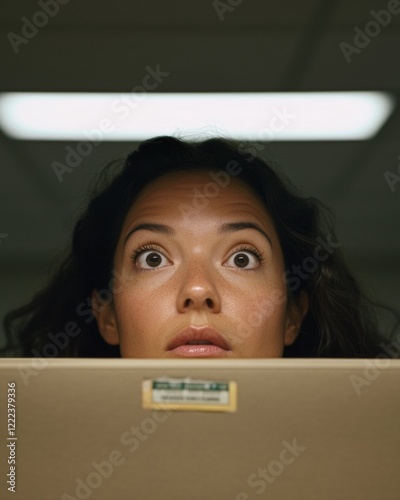 Retro Tech-Inspired Office Scene Woman Engaged with Classic Beige Computer - Mid-Tier Business Tools and Nostalgic Workplace Design for Millennial Audiences photo