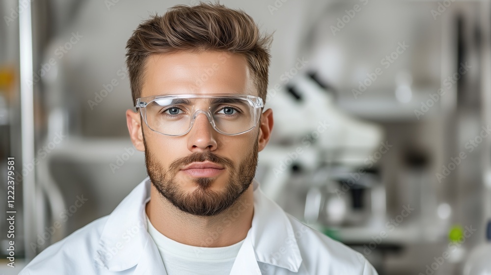 young scientist with glasses and a beard poses in a laboratory. He examines materials on his workspace, showcasing scientific curiosity and professionalism amid modern lab equipment young scientist with glasses and a beard poses in a laboratory. He examines materials on his workspace, showcasing scientific curiosity and professionalism amid modern lab equipment