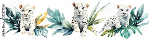 Set of white leopard print with watercolor illustration, tropical leaves, white background