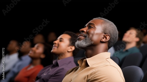 Individuals are captivated by a presentation in a theater, showcasing diverse expressions of interest and joy while absorbing motivating content from the speaker on stage