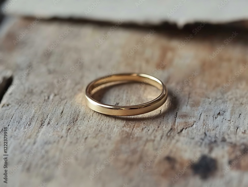 Minimalist gold ring on a rustic wooden surface with natural light highlights Minimalist gold ring on a rustic wooden surface with natural light highlights