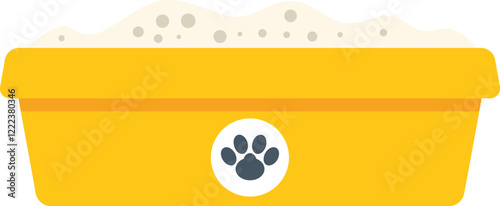 Yellow plastic litter box containing sand for domestic cat, isolated on white background