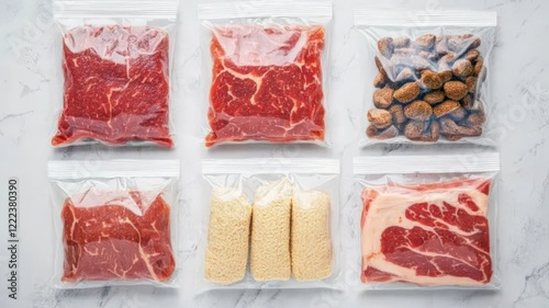 food safety storage risk concept. Assorted vacuum-sealed meat packages on a marble surface.