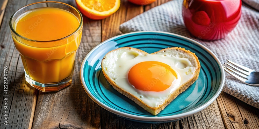 A romantic breakfast: heart-shaped egg, vibrant orange juice, and rich coffee. A romantic breakfast: heart-shaped egg, vibrant orange juice, and rich coffee.