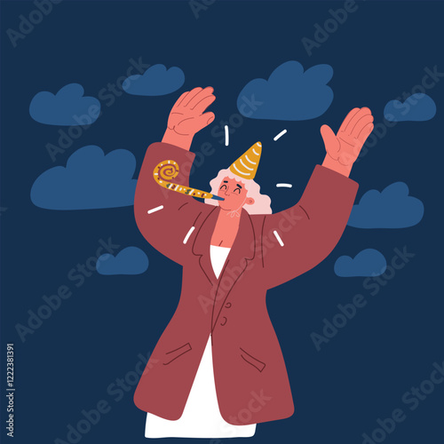 Cartoon vector illustration of a woman joyfully celebrating victory with a party blower and raised arms over dark background