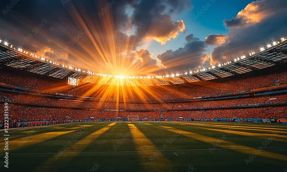 Stunning sunset over a packed stadium during a vibrant soccer match, with dramatic lighting effects
