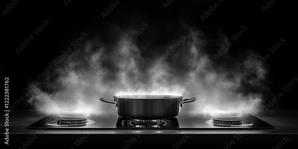 Pot with steam rising on stove in kitchen
