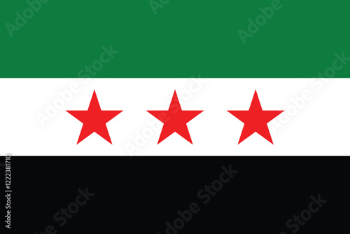 Flag of Syria with green, white, and black color stripes and three red stars in the center