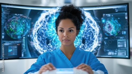 dedicated medical professional in scrubs analyzes intricate brain scans displayed on high-tech screens in a modern research facility during a busy workday