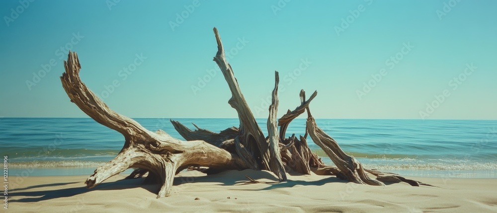 Weathered driftwood rests on a pristine beach, the calm sea stretching into the horizon under a clear sky.