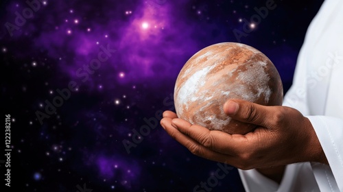 pair of hands gently cradles a small planet in front of a vibrant purple nebula. cosmic background creates a stunning contrast to the celestial body and the human touch