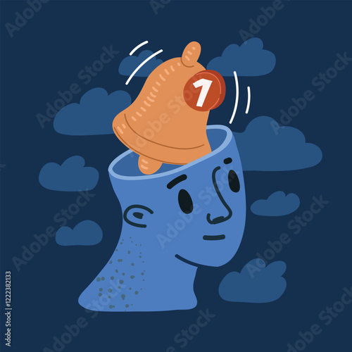 Cartoon vector illustration of a head with a bell and notification symbol inside, symbolizing alertness and attention over dark background