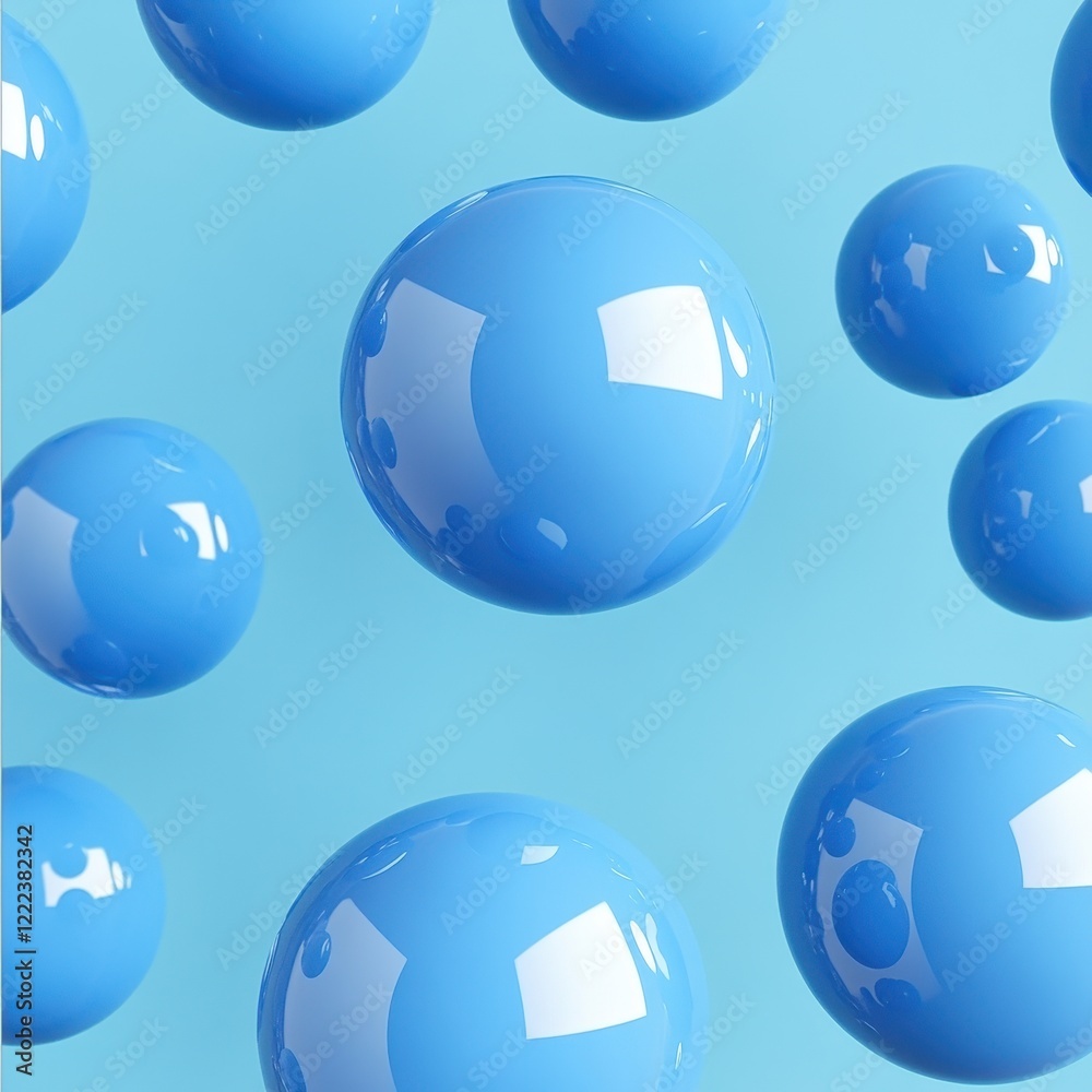 A vibrant collection of glossy blue spheres floating against a light blue background. A vibrant collection of glossy blue spheres floating against a light blue background.