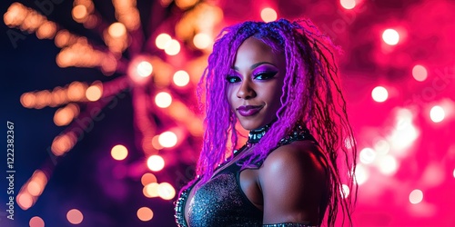 female professional wrestler posing in front of fireworks