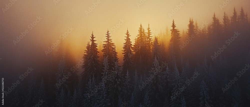 Naklejka premium Foggy evergreen forest illuminated by an ethereal sunrise, casting a magical glow through the misty trees.