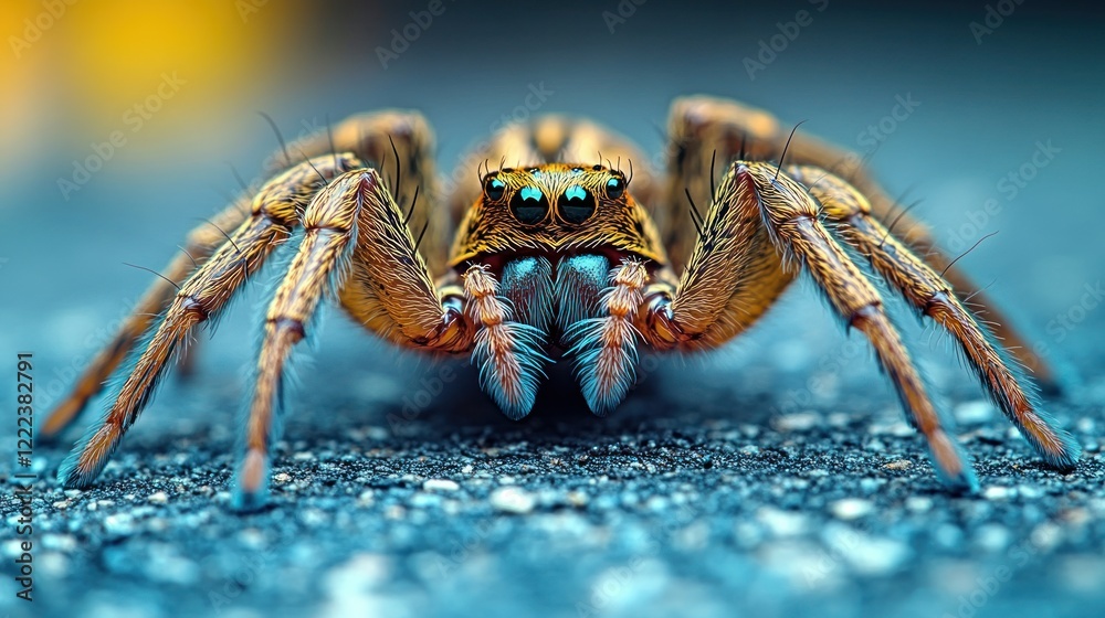 A close-up of a spider with large eyes, facing the camera. The spider is brown and has eight legs. The background is blurred and blue. A close-up of a spider with large eyes, facing the camera. The spider is brown and has eight legs. The background is blurred and blue.