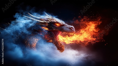 powerful dragon breathes flames while surrounded by vibrant smoke, showcasing its fierce presence in a mystical fantasy realm during twilight