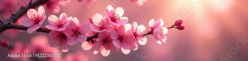 Pink sakura blossoms on a branch in warm sunlight, branch, petals