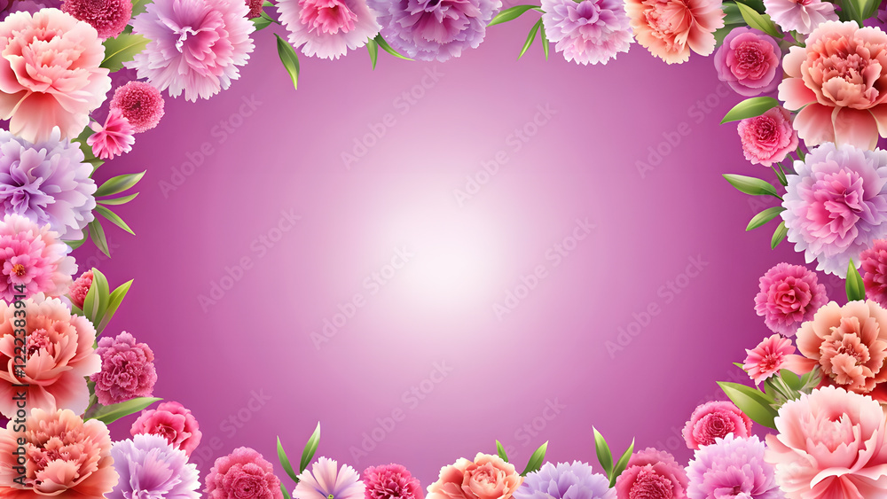 Obraz premium Light Purple Gradient Background with Carnation Borders and Blank Center. Perfect for: Mother's Day, sympathy cards, special events