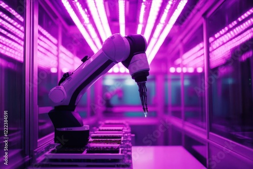 a futuristic vertical farming facility bathed in purple led grow lights, showcasing robotic arms tending to hydroponic crops in a pristine, climate-controlled environment photo