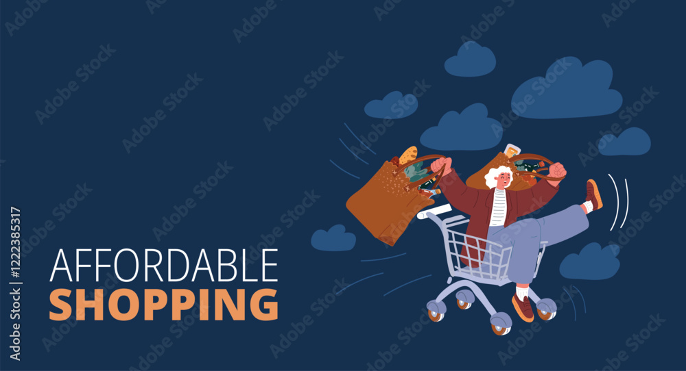 Naklejka premium Cartoon vector illustration of a cheerful woman joyfully riding in a shopping cart full of groceries, symbolizing shopping excitement