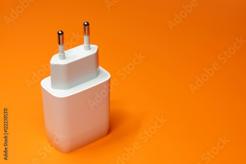 White power supply without cable on orange background. Power adapter, gadget charger