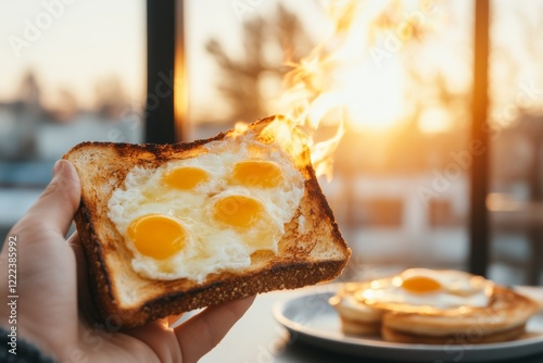 A person holding a burned piece of toast in the kitchen, staring at it in disappointment, with a breakfast tray beside them photo