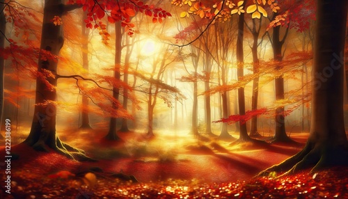 Stunning autumn forest with glowing golden hues and scattered fall leaves illuminated by warm soft sunlight for peaceful retreat