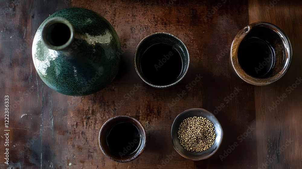 Dark Soy Sauce in Ceramic Bowls and Pitcher on Wood Dark Soy Sauce in Ceramic Bowls and Pitcher on Wood