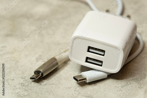 Power supply with two USB ports and two USB-micro and USB Type-C cables