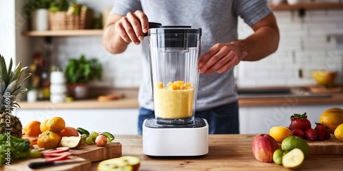 A person preparing a smoothie in a modern kitchen. Bright fruits surround the blender, showcasing healthy eating. The vibrant colors emphasize freshness and vitality. AI